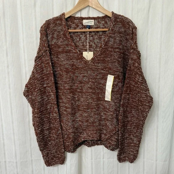 NWT🎉 Universal Thread Brown & White Knit V-Neck Weave Oversized Sweater - Picture 2 of 7